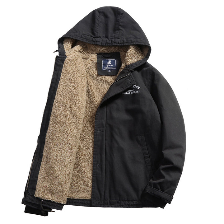 Herren Baumwoll-Canvas Kapuzenblouson mit durchgehendem Teddyfutter, verdeckter Knopf- und Reißverschlussleiste und Innentasche Drune
