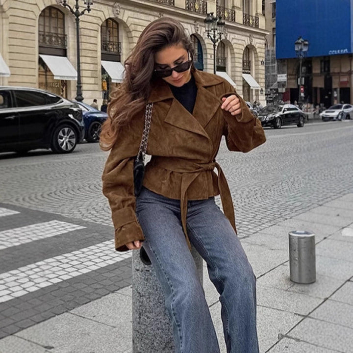 Damen Modische Wildlederjacke mit Gürtel und tailliertem Schnitt Drune