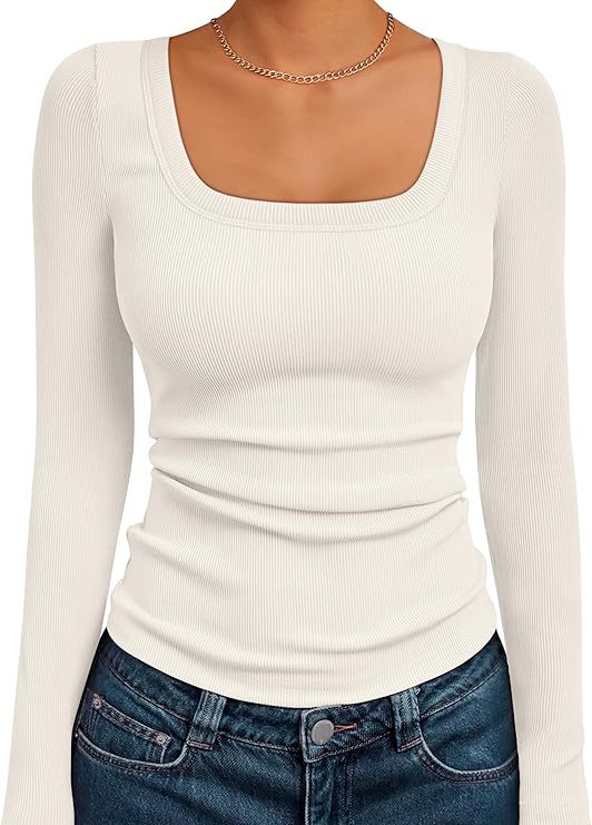 Damen Figurnahes Ripp-Langarmshirt mit weitem Carré-Ausschnitt und Stretch-Baumwollmix Drune