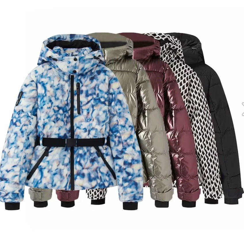 Damen 100+ gesteppte Ski- und Winterjacke mit Kapuze, Taillengürtel & wasserdichten Reißverschlüssen Drune