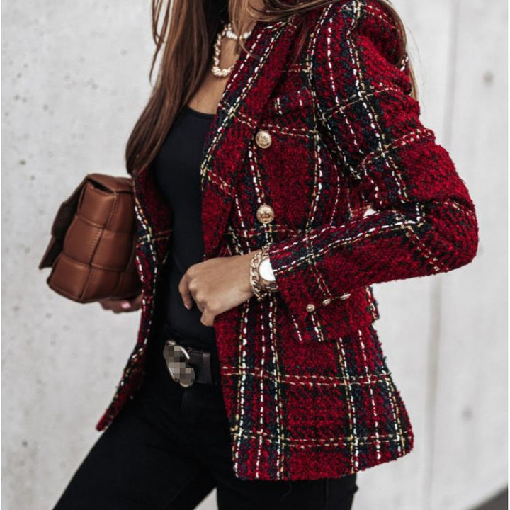 Damen Tweed-Blazer im Glencheck mit doppelreihiger Knopfleiste Drune