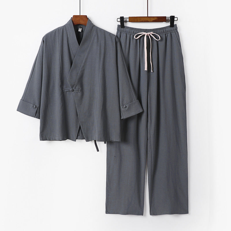 Unisex Leichtes Zen-Lounge-Set im Kimono-Stil mit überschnittener Schulter verdeckter Knotenleiste und elastischer Tunnelzughose Drune