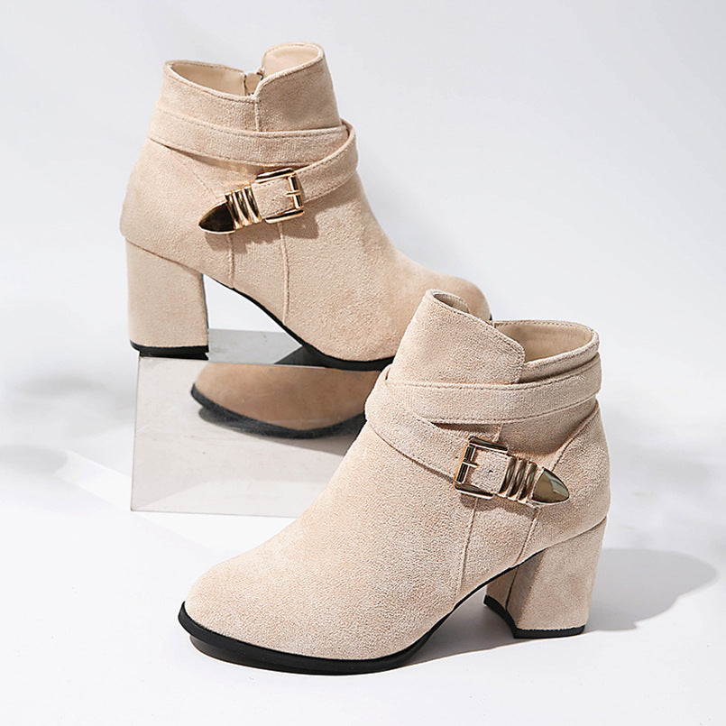 Damen Elegante Ankle-Boots mit hohem Absatz, seitlichem Reißverschluss und dekorativem Schnallengurt Drune
