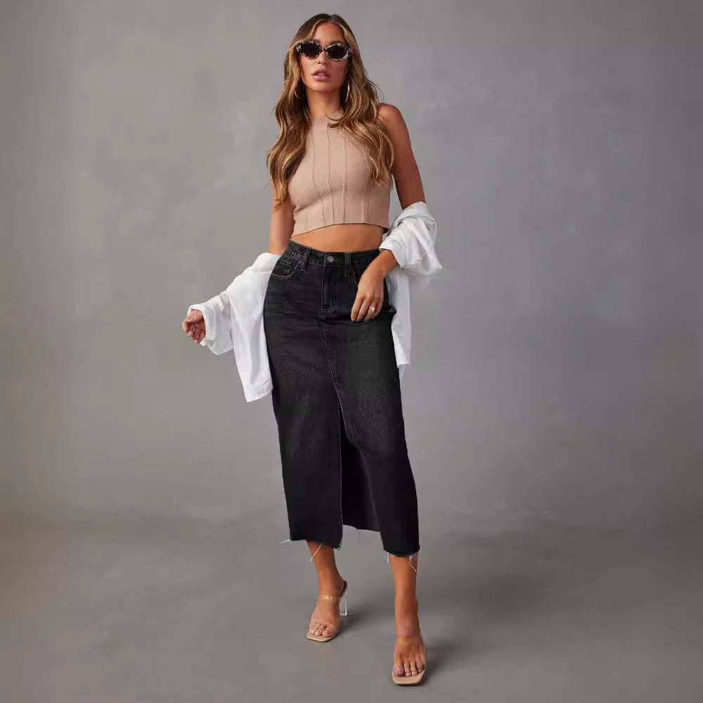 Damen Hoch geschnittenes Bleistiftkleid aus Jeans mit seitlichem Schlitz Drune