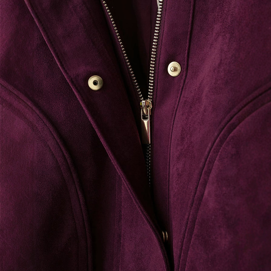 Damen Kurze Velours‑Optik‑Bomberjacke mit hohem Rippstehkragen und verdecktem Reißverschluss Drune