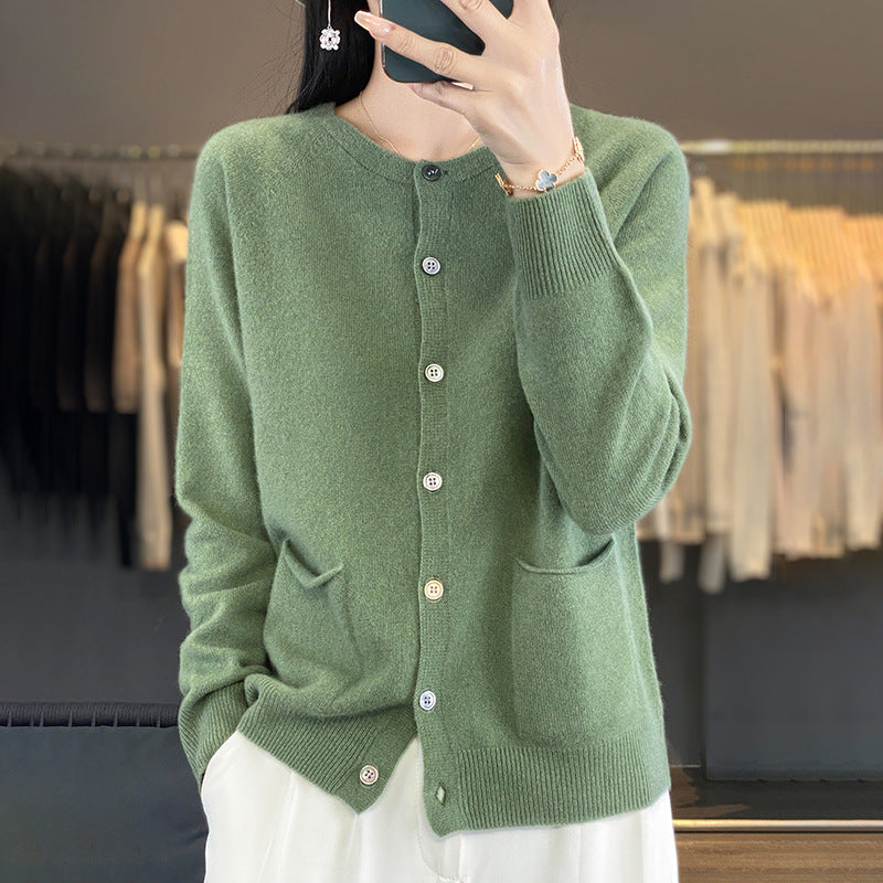 Damen Langer Feinstrick-Cardigan mit Rundhalsausschnitt, Eingrifftaschen und Alpaka-Mix Drune