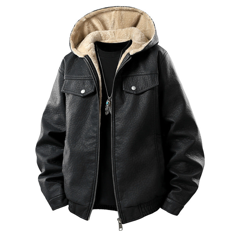 Herren Lederoptik-Blouson mit Kapuze, Teddyfutter und aufgesetzten Fronttaschen Drune