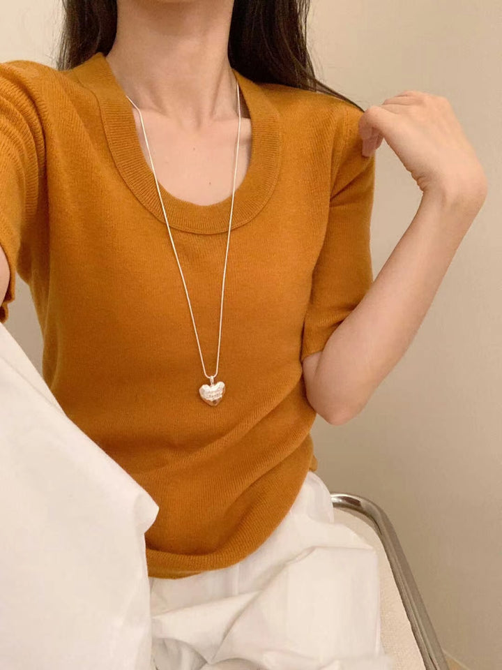 Damen Feines Feinstrick-Shirt mit tiefem Rundhals und dreiviertel Ärmeln Drune
