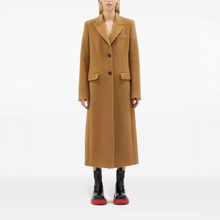 Damen Maxilanger Einreihiger Longcoat im minimalistischen Tailoring mit Pattentaschen Drune