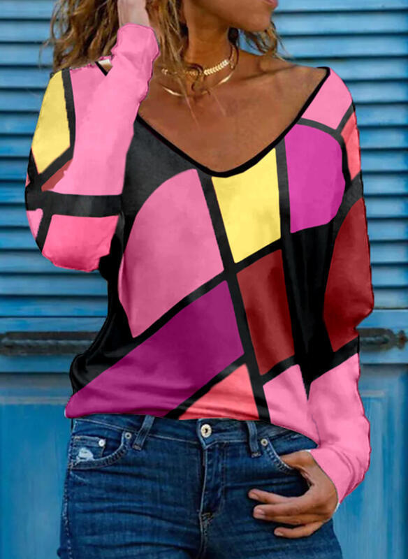 Damen Loose V-Ausschnitt Langarmshirt mit geometrischem Blockdruck und Oversized Passform Drune