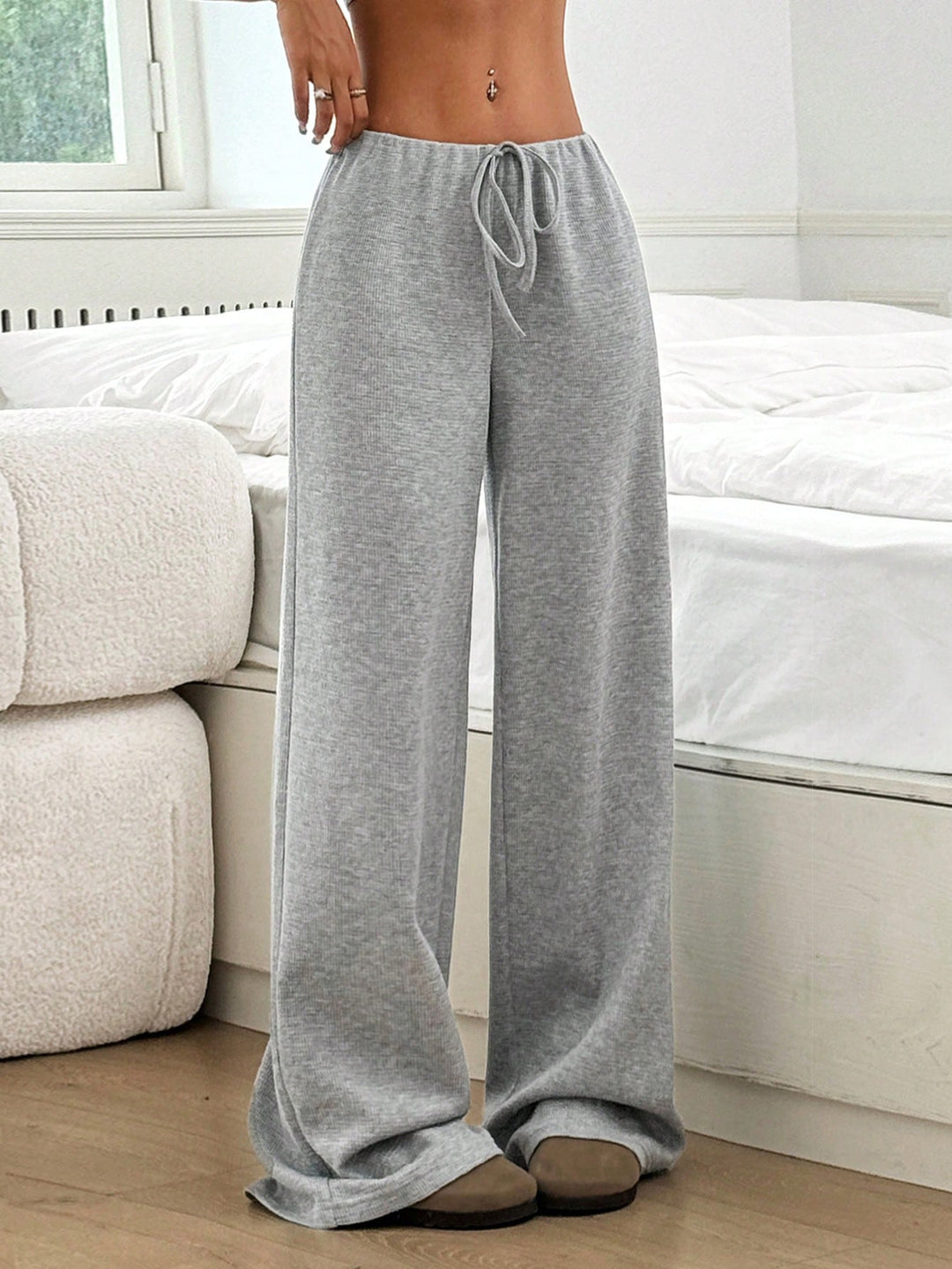 Damen Loungewear-Hose mit weitem Bein, geripptem Feinstrick und Kordelzug Drune