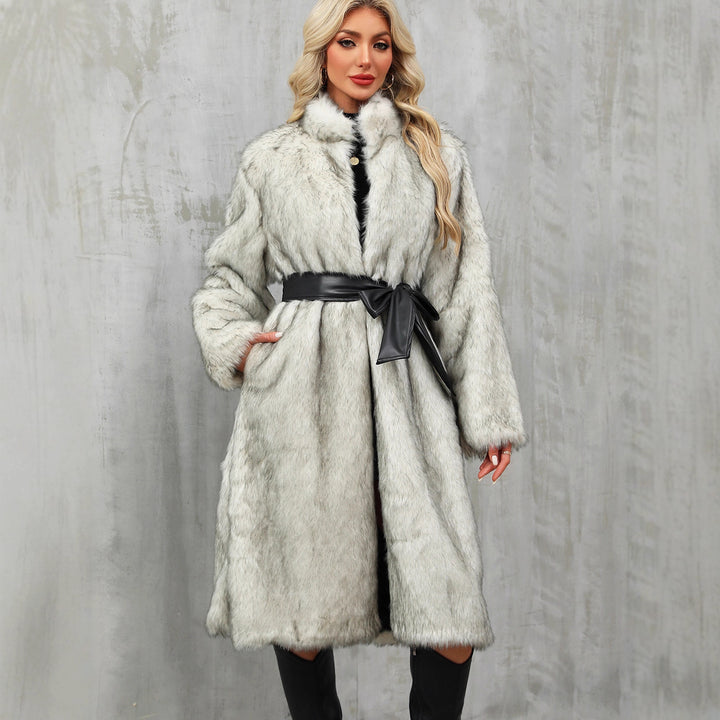 Damen Eleganter Kunstpelz-Mantel mit Taillengürtel und hochgeschlossenem Kragen Drune