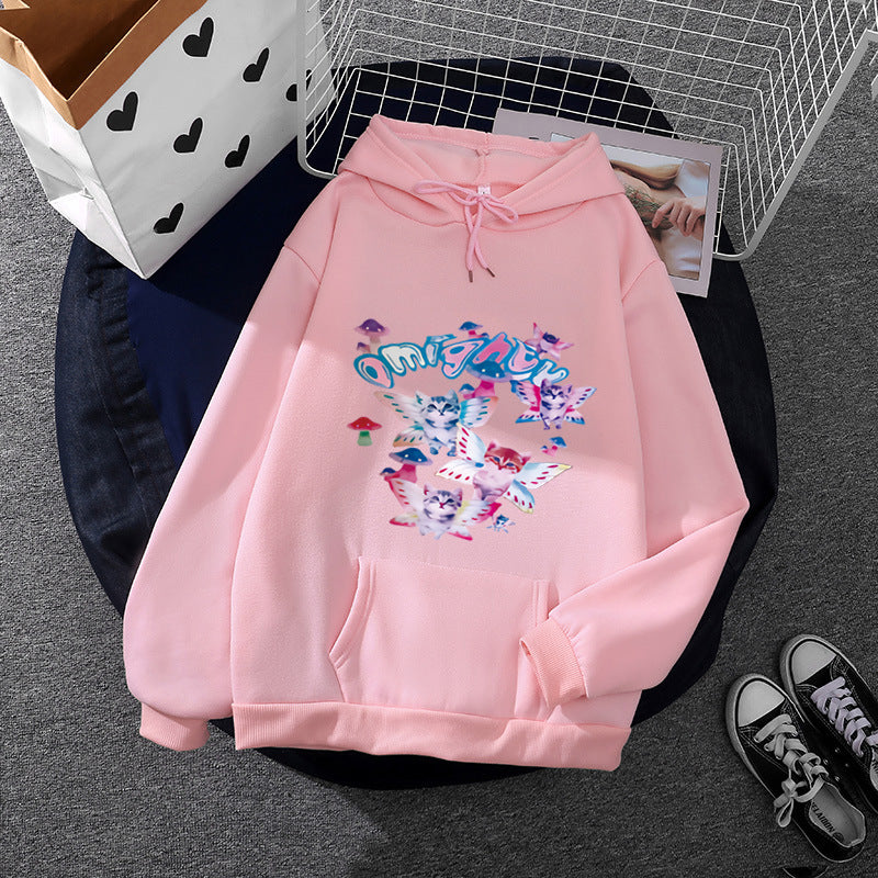 Damen nan Kapuzenpullover mit verspieltem Katzen‑Schmetterlings-Print und Kängurutasche Drune