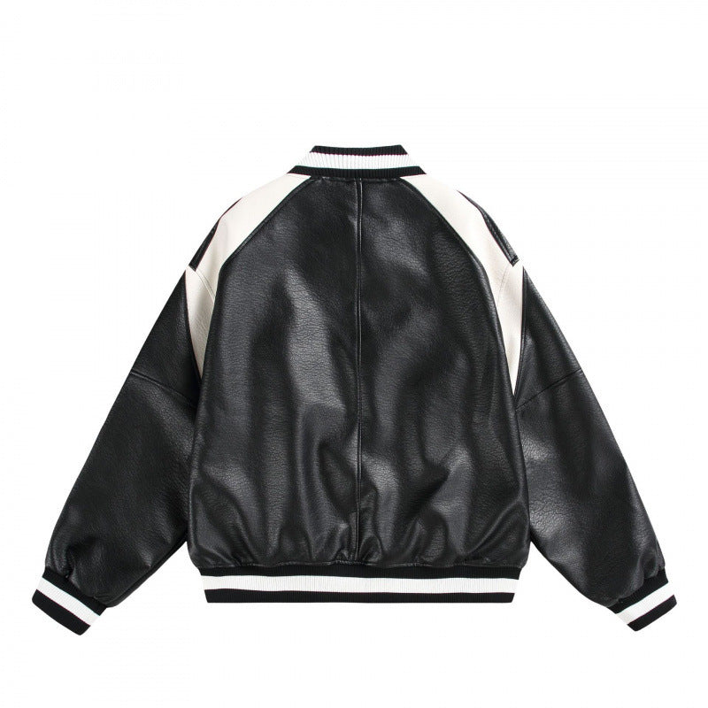 Unisex Boxy Oversize Kunstleder‑Bomberjacke mit Kontrastpaneelen und Rippenbündchen Drune