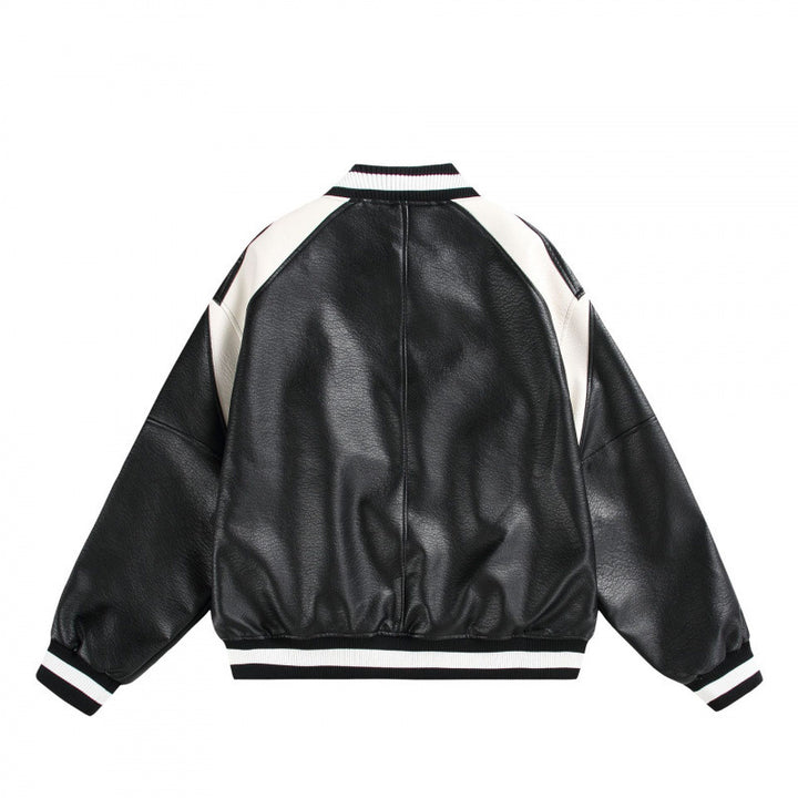 Unisex Boxy Oversize Kunstleder‑Bomberjacke mit Kontrastpaneelen und Rippenbündchen Drune