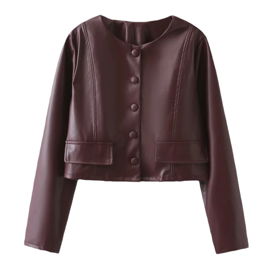 Damen Kunstleder Jacke mit Knopfdetails und eleganten Taschen Drune