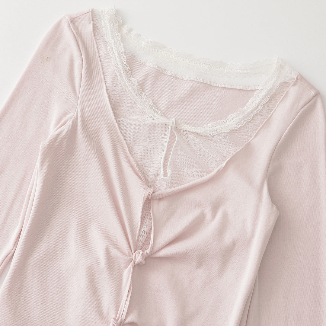 Damen Langarm-Feinjersey-Top mit Spitzen-Einsatz, Knotenfront und Raffung Drune