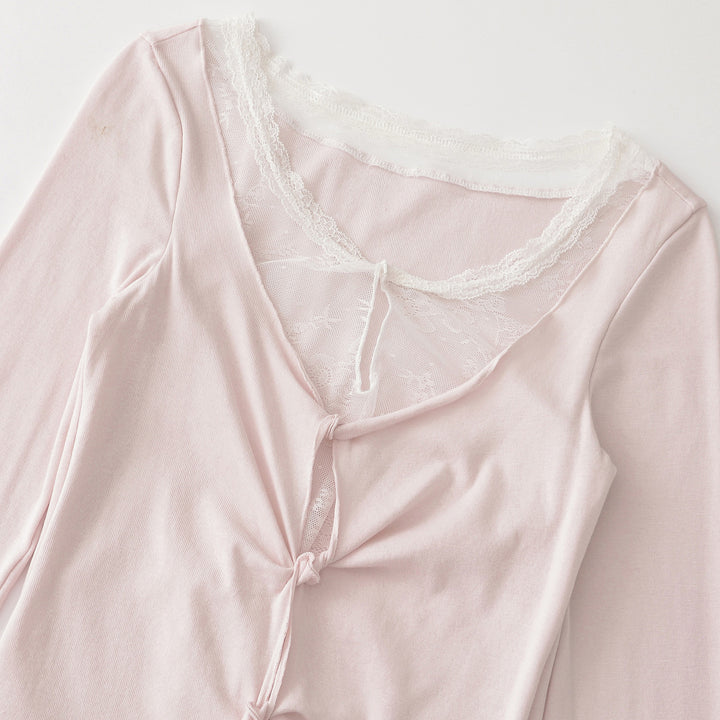 Damen Langarm-Feinjersey-Top mit Spitzen-Einsatz, Knotenfront und Raffung Drune
