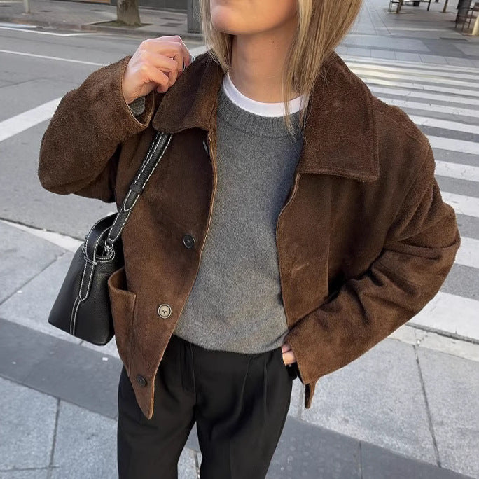 Damen Oversized Teddyjacke mit Knopfverschluss und großen Taschen Drune