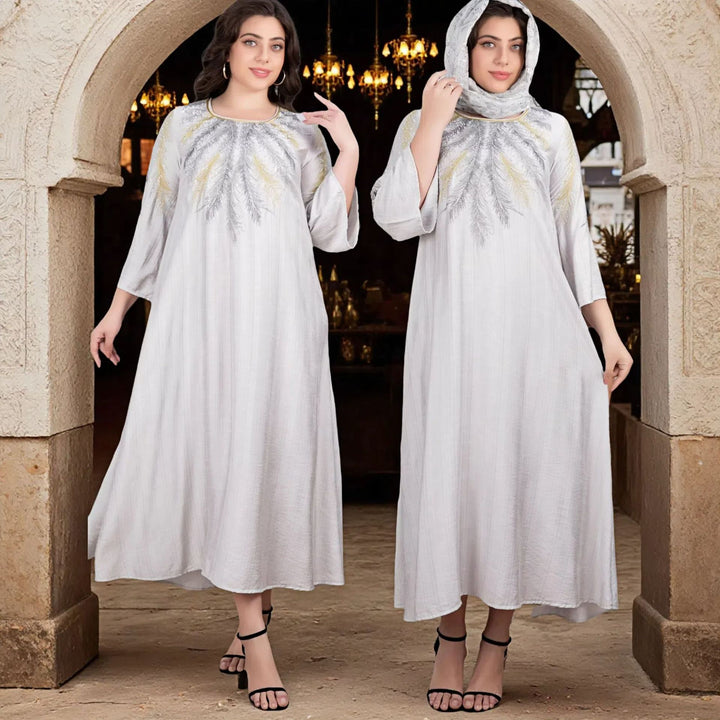 Damen Fließendes Maxikleid mit besticktem Rundhalsausschnitt und 3/4-Ärmeln Drune