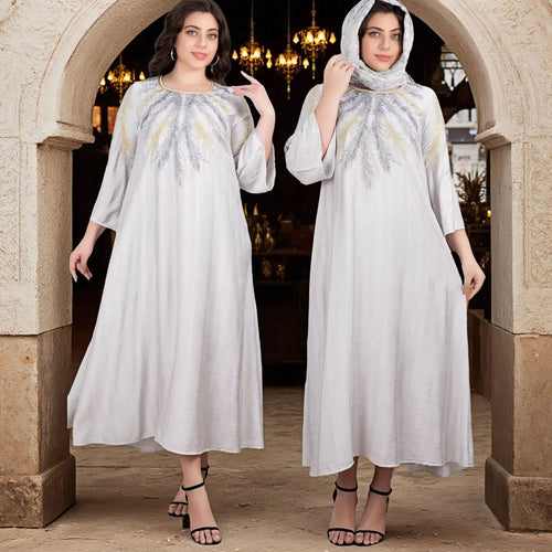 Damen Fließendes Maxikleid mit besticktem Rundhalsausschnitt und 3/4-Ärmeln Drune