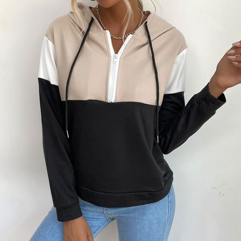 Damen Kapuzenpullover mit halbem Reißverschluss, Colorblock‑Design und Tunnelzug Drune