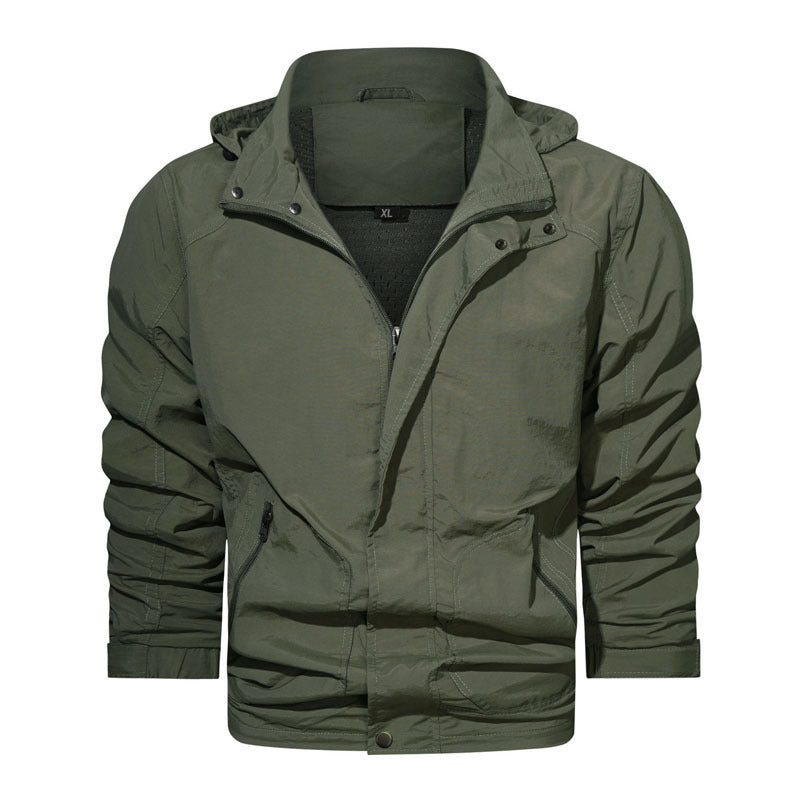 Herren Leichte Fieldjacke mit Kapuze, windabweisender Shell und Reißverschlusstaschen Drune