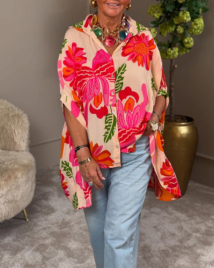 Damen Fließende Kimono-Bluse mit buntem Blumendesign Drune