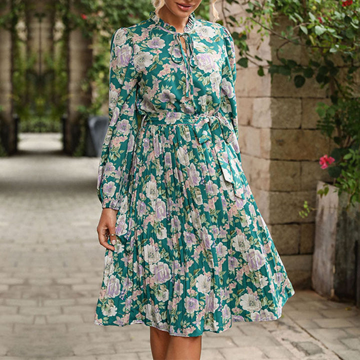 Damen Plissiertes Midikleid mit Stehkragen-Schleife, Puffärmeln und abnehmbarem Perlengürtel Drune