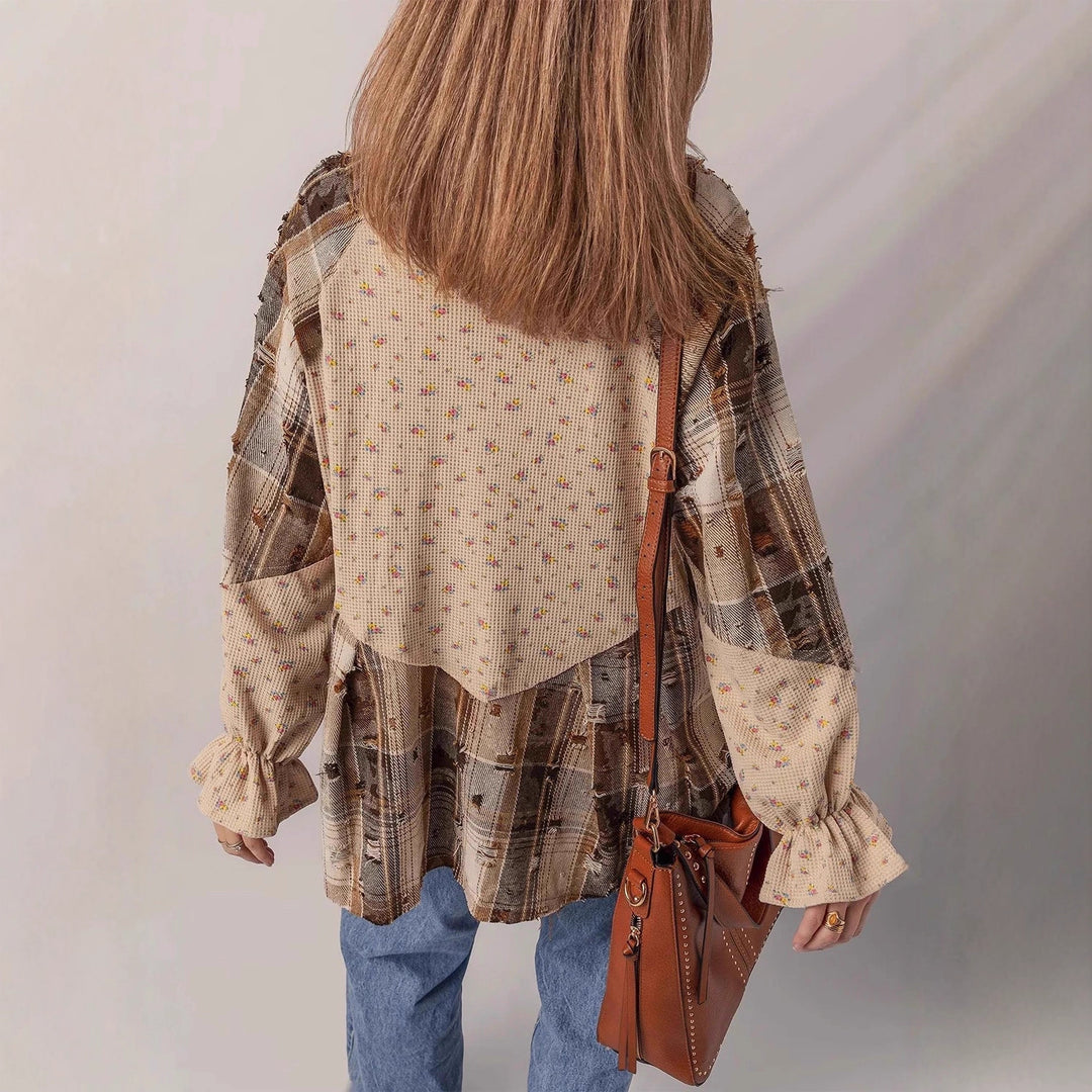 Damen Patchwork-Bluse-Jacke mit plissiertem Saum und Knopfleiste Drune