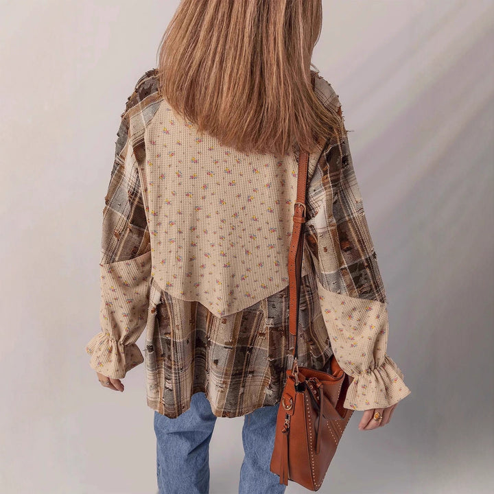 Damen Patchwork-Bluse-Jacke mit plissiertem Saum und Knopfleiste Drune