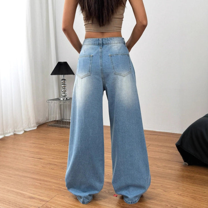 Damen weite High‑Waist-Jeans im Vintage-Wash mit verwaschener Fleckoptik und extra weitem Bein Drune