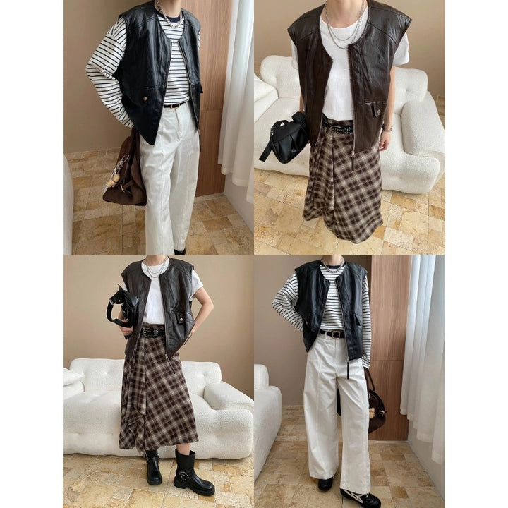 Damen lässige Lederweste mit praktischen Taschen und minimalistischen Details Drune