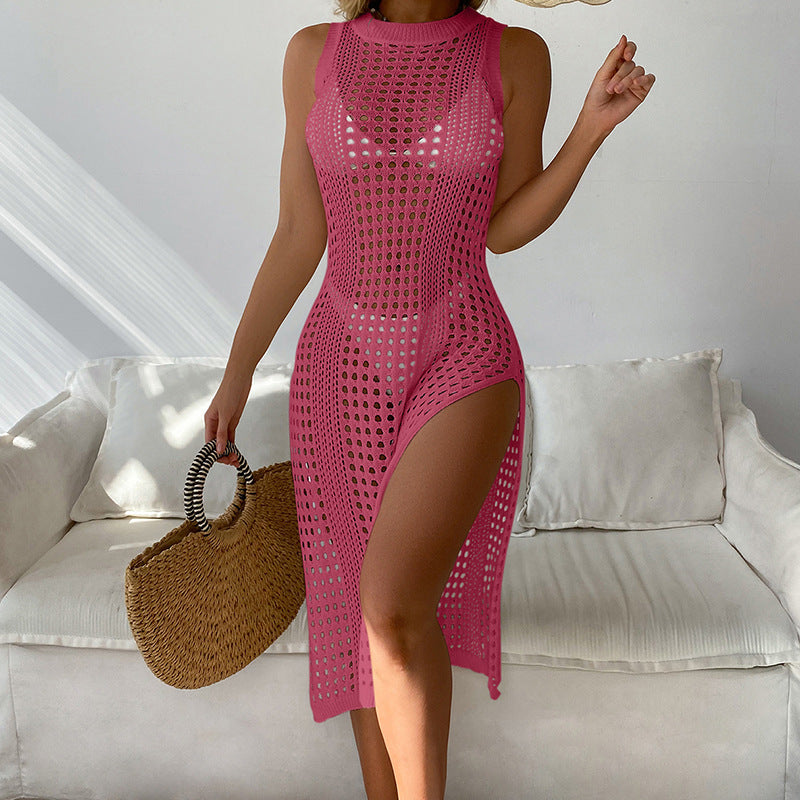 Damen luftiges Häkel-Strandkleid mit hohem Schlitz und transparenter Struktur Drune