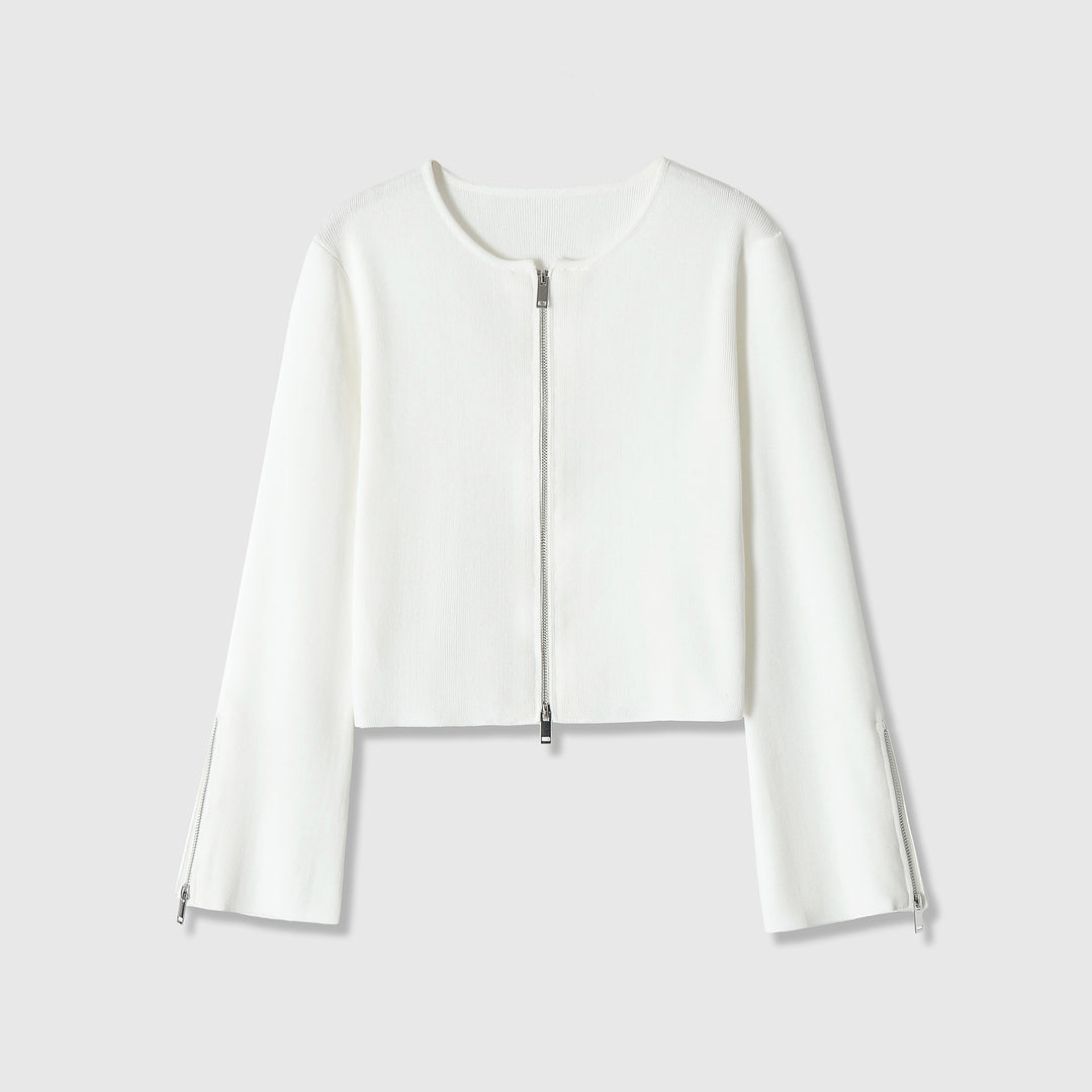 Damen Kurzgeschnittene Feinstrick-Jacke mit Zwei-Wege-Reißverschluss und Ärmelzipper Drune