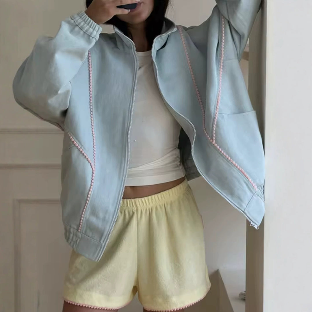 Damen Leichte Cropped‑Bomberjacke mit Zierborten, elastischen Bündchen und durchgehendem Reißverschluss Drune