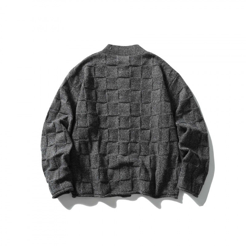 Unisex Strukturierte Boxy-Strickjacke mit Karomuster Drune