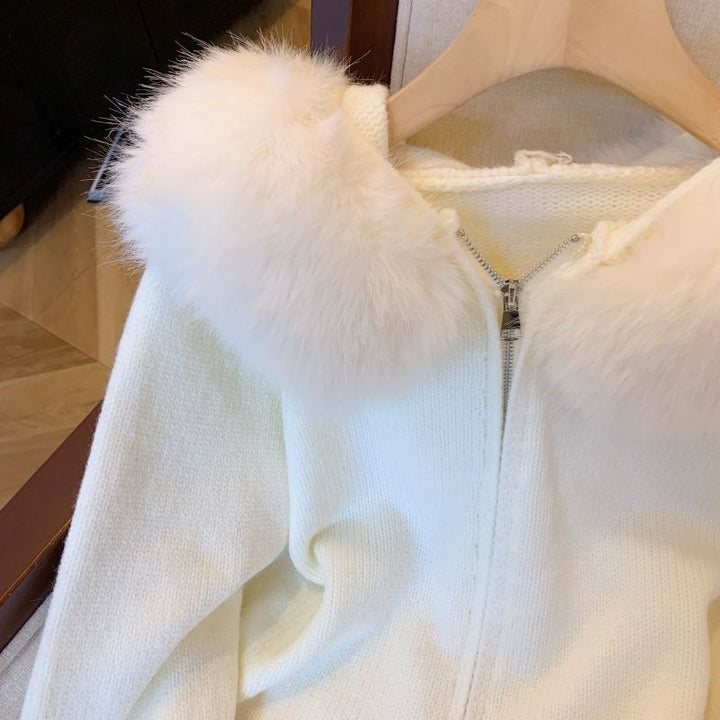 Damen Strickjacke mit abnehmbarem Kunstfellkragen Drune