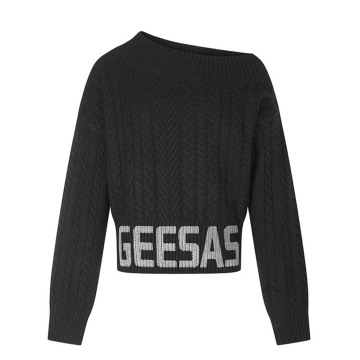 Damen Kurzer Zopfstrick-Pullover mit weitem Boat-Ausschnitt und markantem Logobund Drune