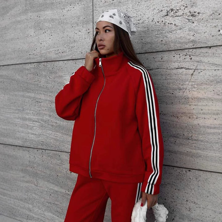 Damen sportlicher Velours-Sportanzug mit hohem Kragen und elegantem Reißverschluss Drune