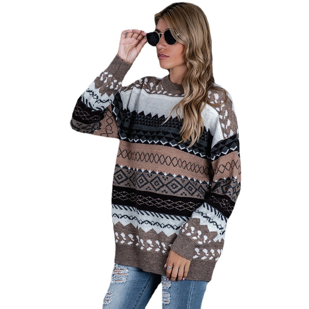 Damen Grobstrickpullover mit ethnischem Muster und weitem Schnitt Drune