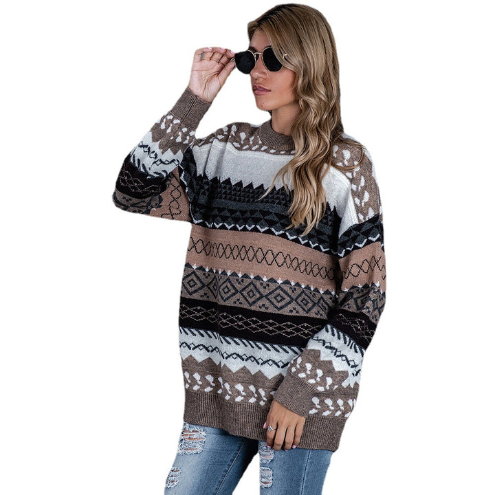 Damen Grobstrickpullover mit ethnischem Muster und weitem Schnitt Drune