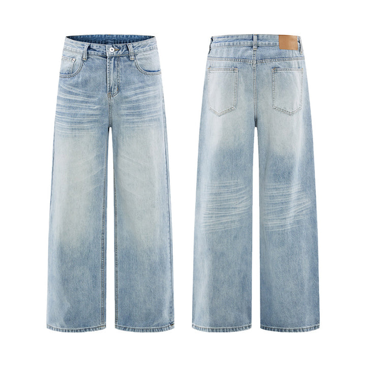 Herren Weitfallende Loose-Palazzo-Denimjeans mit tiefem Schritt und heller Used-Waschung Drune
