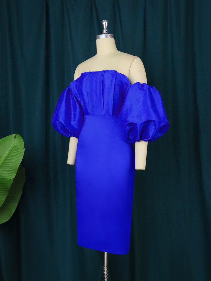 Damen figurbetontes Kleid mit schulterfreiem Design und voluminösen Puffärmeln Drune