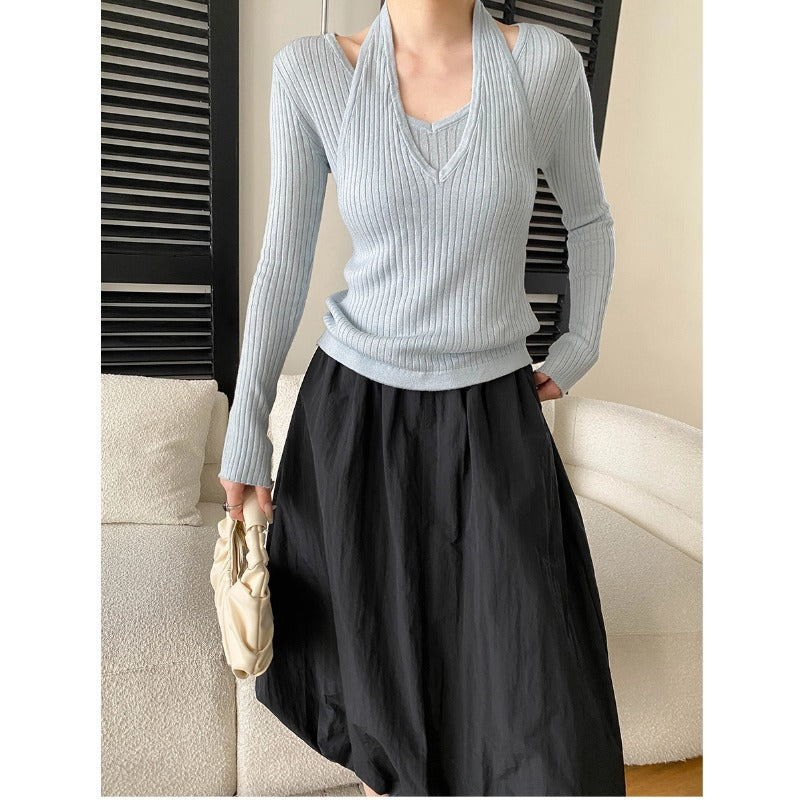 Damen eleganter V-Ausschnitt Strickpullover mit stylischen Cut-Outs Drune