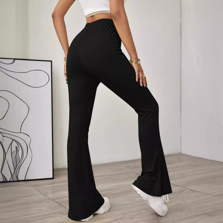 Damen gerippte hochgeschnittene Bootcut-Hose aus Stretch-Jersey mit ausgestelltem Bein Drune