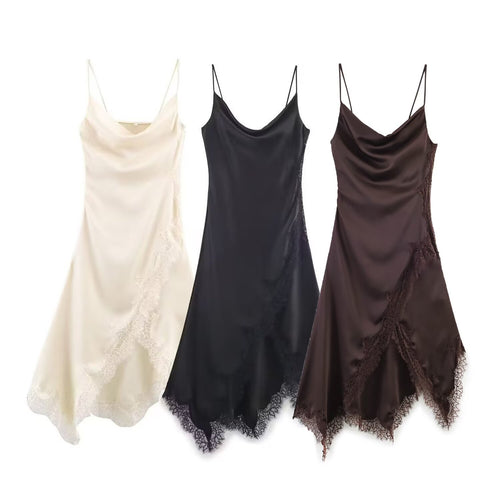 Damen edles Spaghetti-Trägerkleid mit zarter Spitze und fließendem Satin Drune
