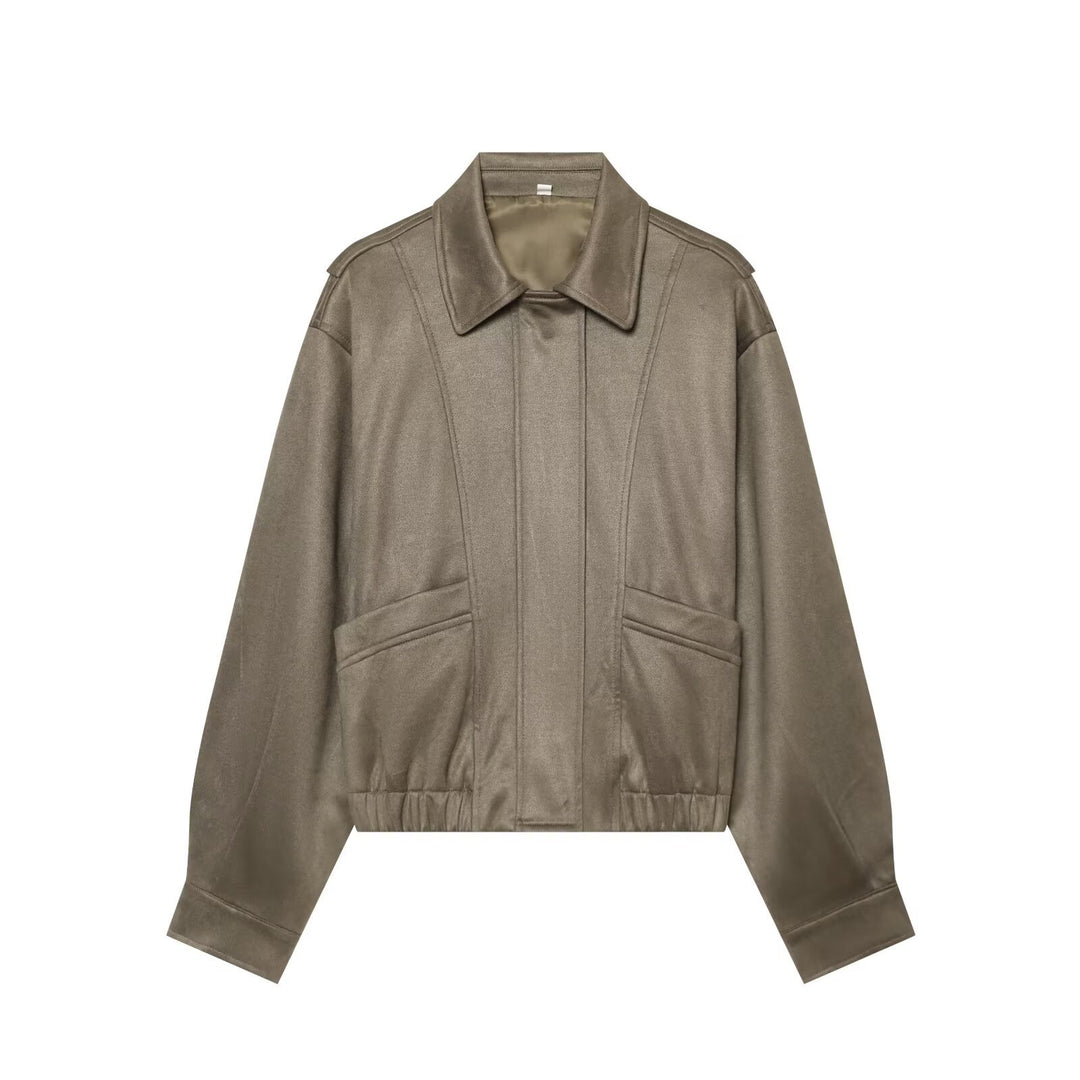 Damen Kurzer Boxy‑Blouson in Velourslederoptik mit Pattentaschen Drune