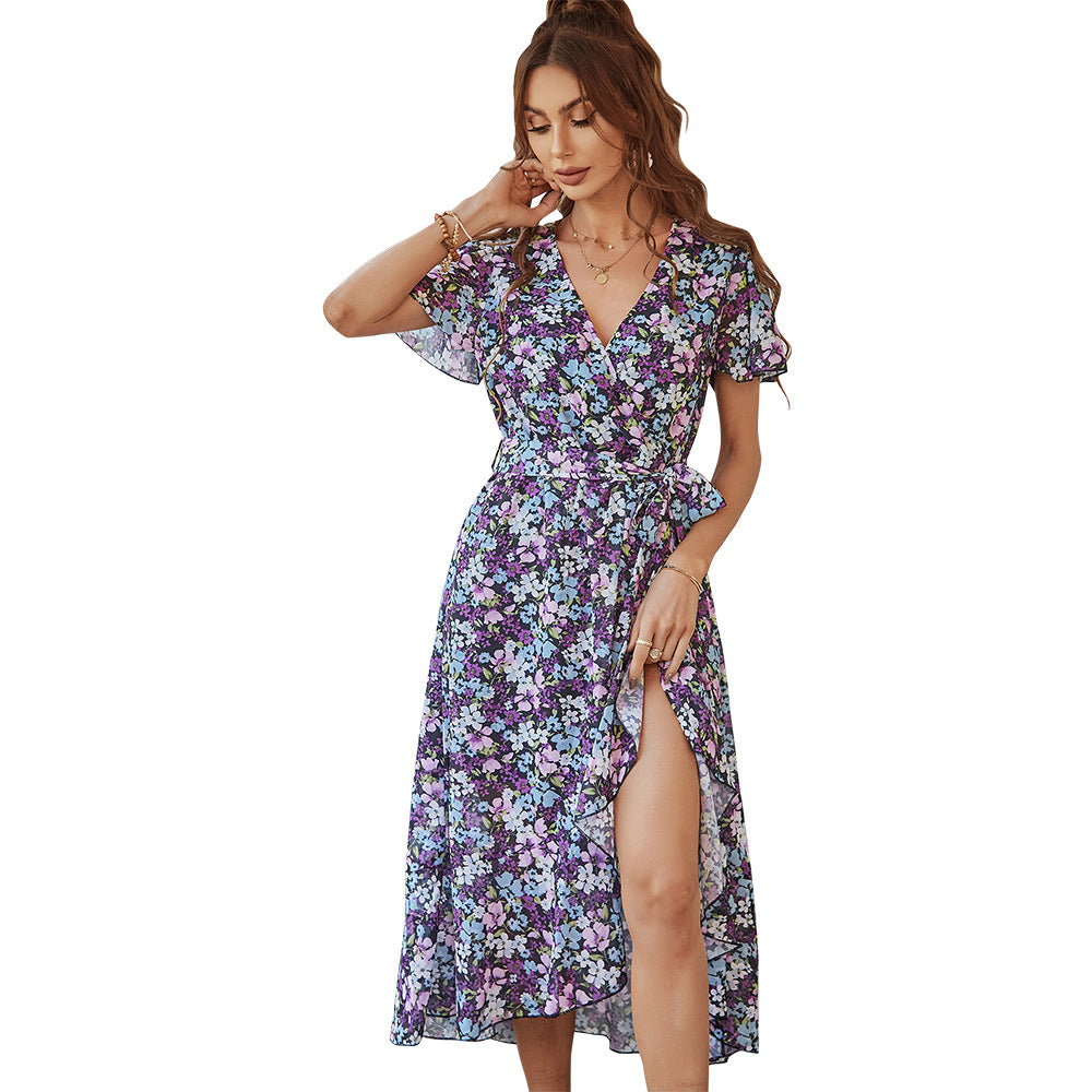 Damen Midikleid mit raffiniertem Wickeldesign und floralem Muster Drune