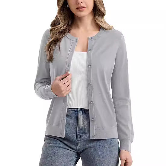 Damen kurzärmliger Strickcardigan mit eleganten Knöpfen und feiner Textur Drune
